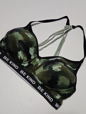 Green Camo Strappy Sports Bra with "Be Kind" Band Size L